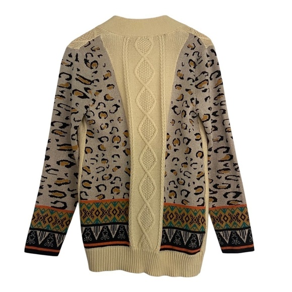Flying Tomato Cardigan Sweater Ivory Aztec Tribal Leopard Mixed Print Open Sz L - Picture 9 of 11